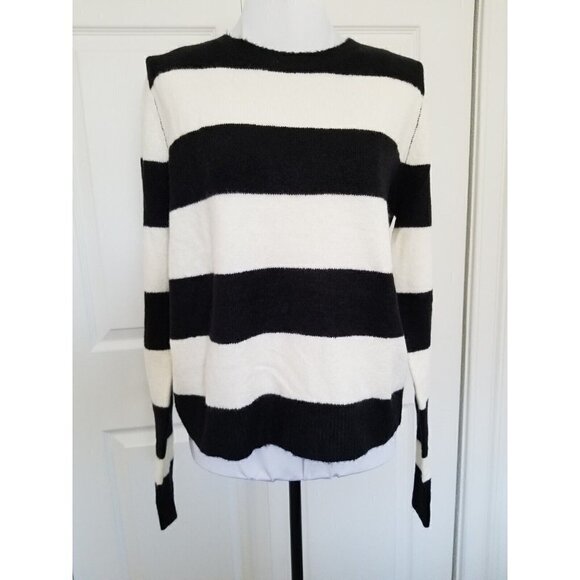 Halogen Women's Basic Crew Neck Long Sleeves Black Ivory Stripe Sweater Size M - Picture 1 of 8